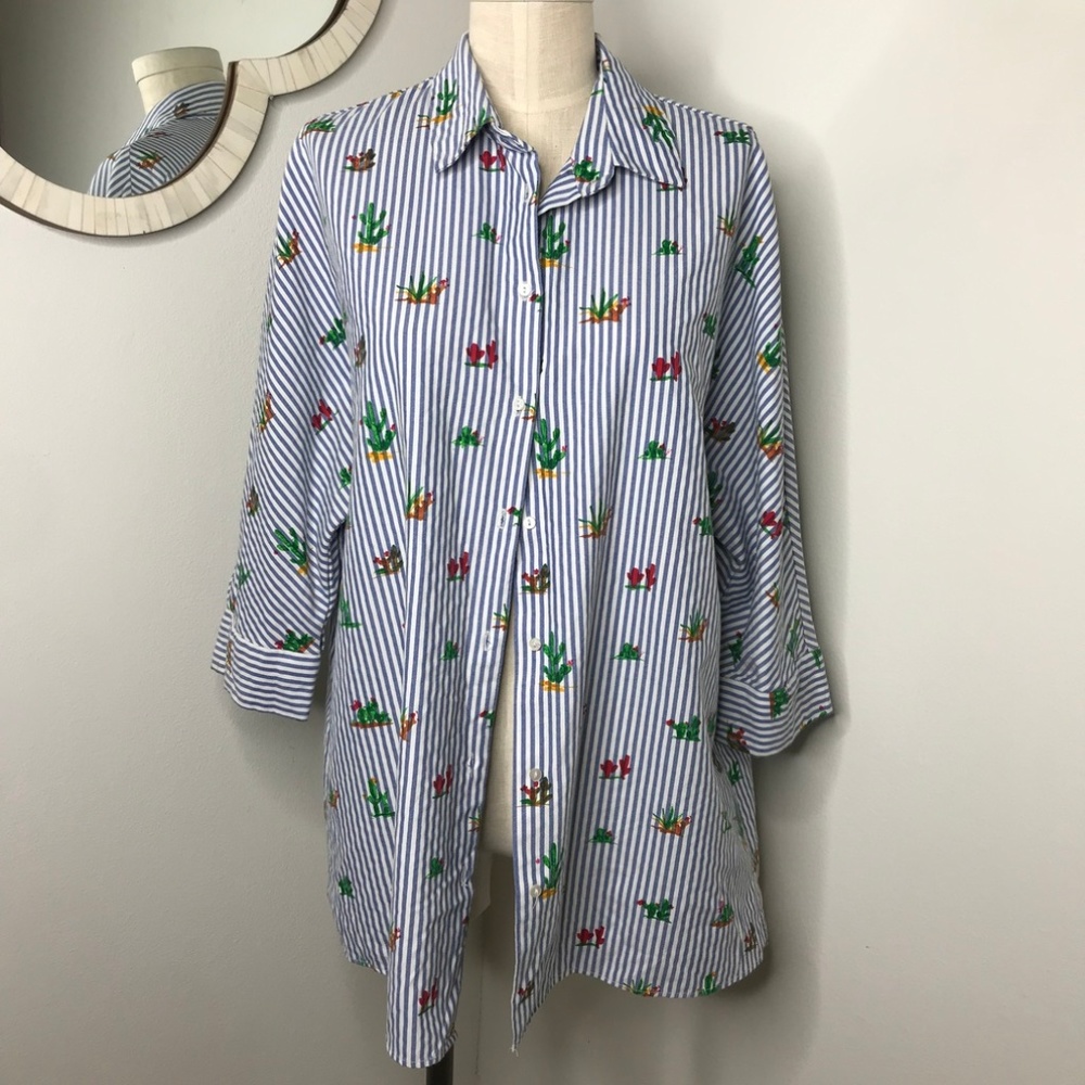 Zara Stripe Cactus Print Button Down Top - image 3